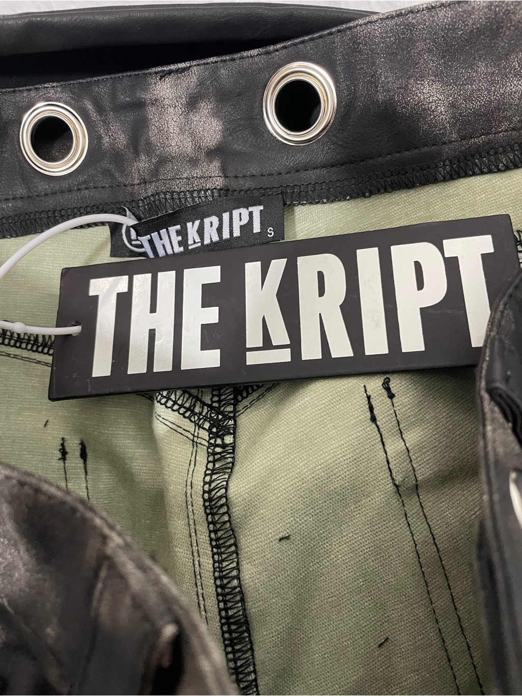 The Kript Inaya Coated Faux Leather Structured Denim Pants Grommets Black Gray S — image 7 of 8